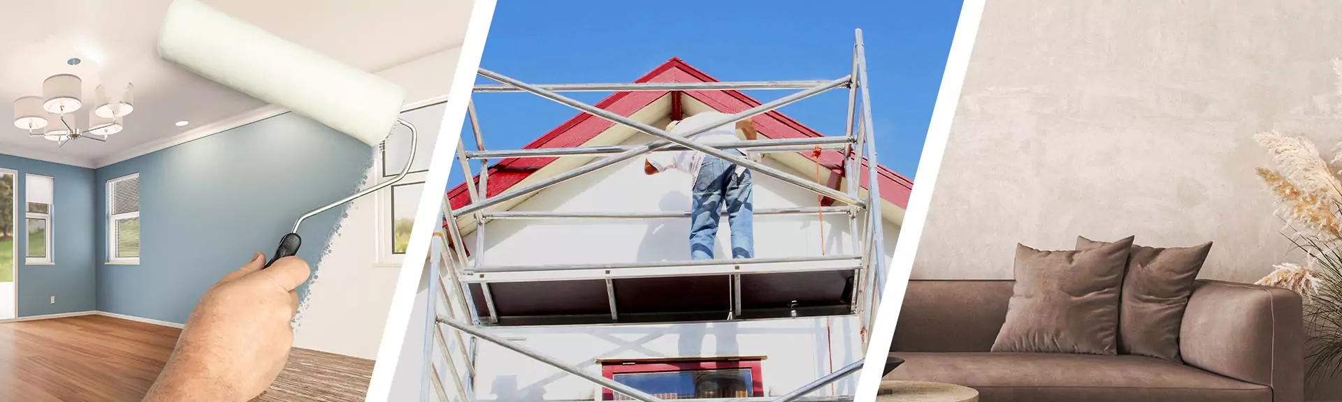 Außenmalerei, Innenmalerei, Valpaint 3-geteieltes Bild: v.l.n.r. Vorher/Nachher zum Thema Innenraumgestaltung/Wand streichen, Fassadengestaltung, Wand mit Valpaint Muster