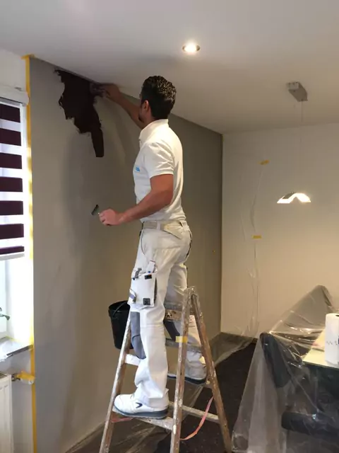 Maler auf Leiter trägt dunkle Spachteltechnik auf vorbereitete Wand im Wohnraum auf.