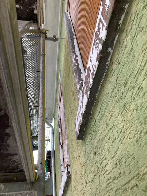 Blick auf eine grüne Fassade mit abgeblätterter Farbe am Fensterrahmen vor der Sanierung